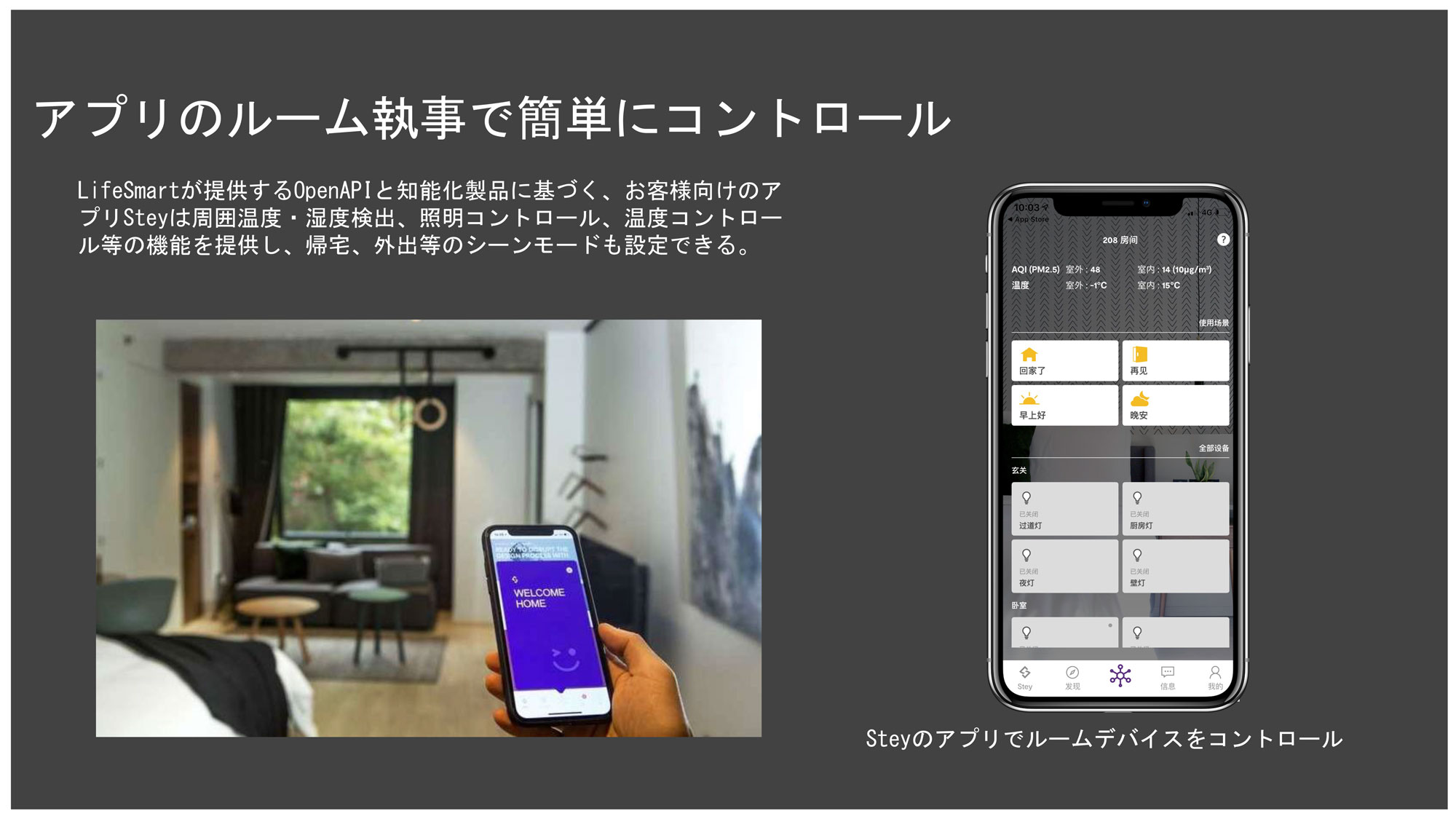 アプリのルーム執事で簡単にコントロールLifeSmartが提供するOpenAPIと知能化製品に基づく、お客様向けのアプリSteyは周囲温度・湿度検出、照明コントロール、温度コントロール等の機能を提供し、帰宅、外出等のシーンモードも設定できる。