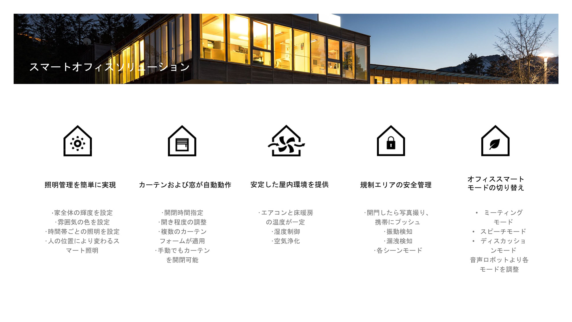 スマートオフィスソリューション
照明管理を簡単に実現
•家全体の輝度を設定
•雰囲気の色を設定
•時間帯ごとの照明を設定
•人の位置により変わるスマート照明
カーテンおよび窓が自動動作
•開閉時間指定
•開き程度の調整
•複数のカーテンフォームが適用
•手動でもカーテンを開閉可能
安定した屋内環境を提供
•エアコンと床暖房の温度が一定
•湿度制御
•空気浄化
規制エリアの安全管理
•開門したら写真撮り、携帯にプッシュ
•振動検知
•漏洩検知
•各シーンモード
オフィススマートモードの切り替え
ミーティングモード
スピーチモード
ディスカッションモード
音声ロボットより各モードを調整