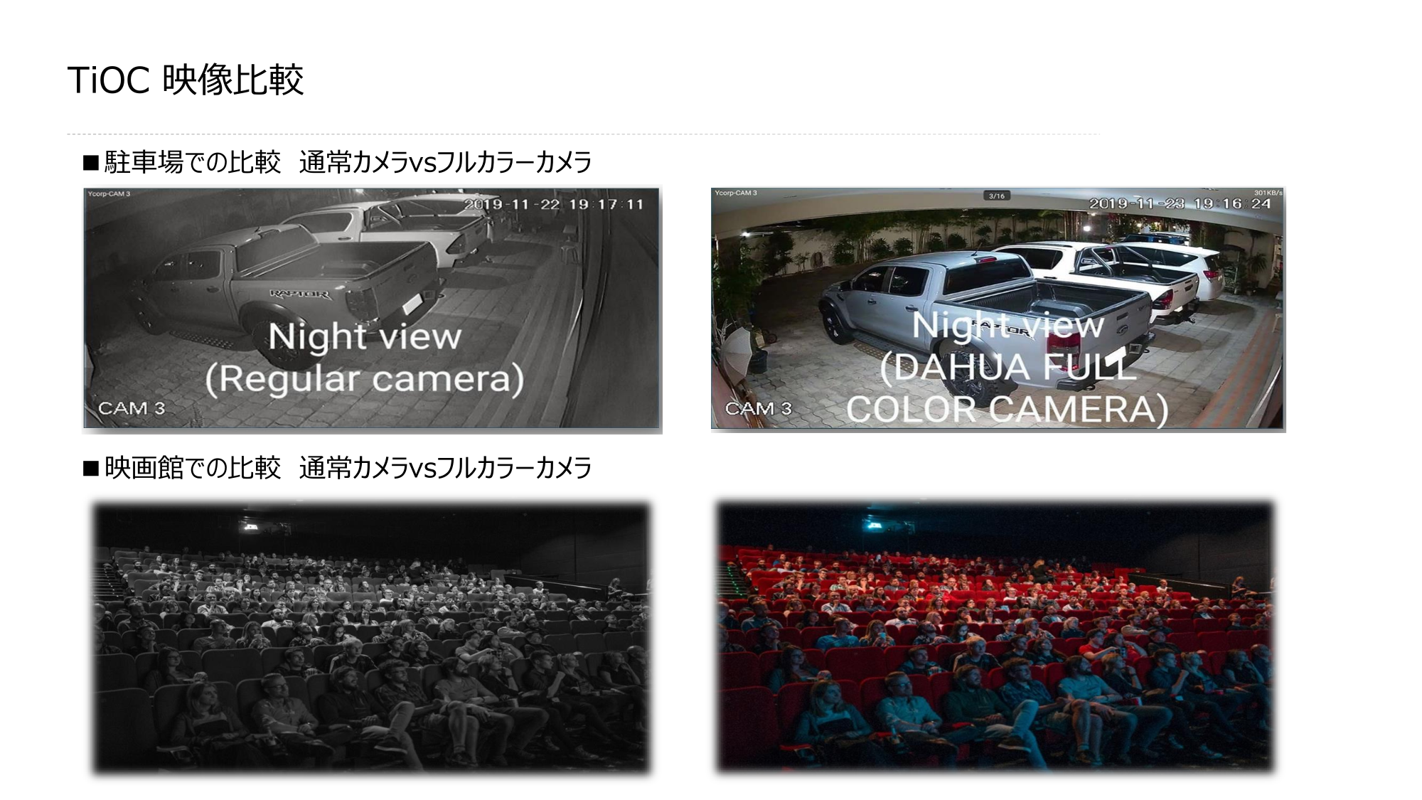 TiOC 映像比較、駐車場での比較　通常カメラvsフルカラーカメラ、映画館での比較　通常カメラvsフルカラーカメラ